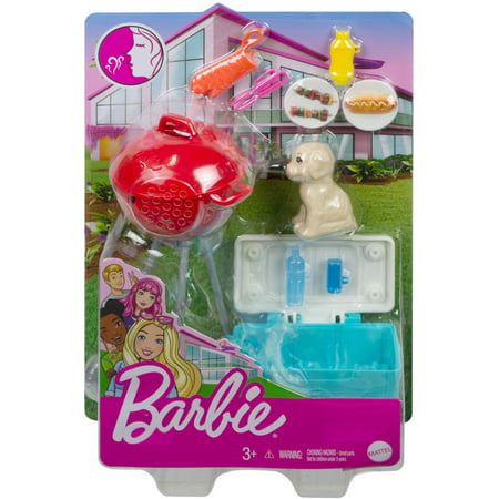 Barbie Mini Playset with Themed Accessories and Pet, BBQ Theme with Scented Grill, Gift for 3 to 7 Year Olds