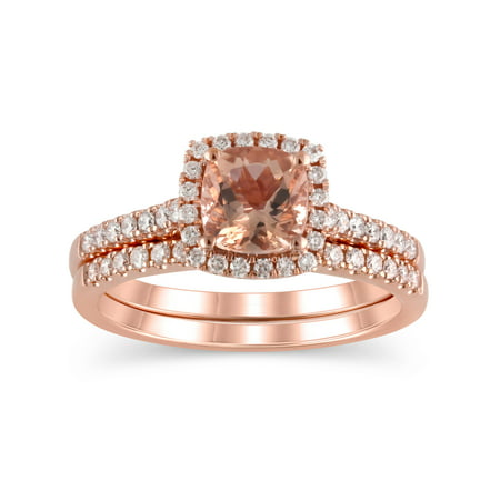 3/8 Carat T.W. (I2 clarity, H-I color) Brilliance Fine Jewelry Cushion cut Morganite and Diamond Bridal set in 10kt Pink Gold, Size 8Pink,