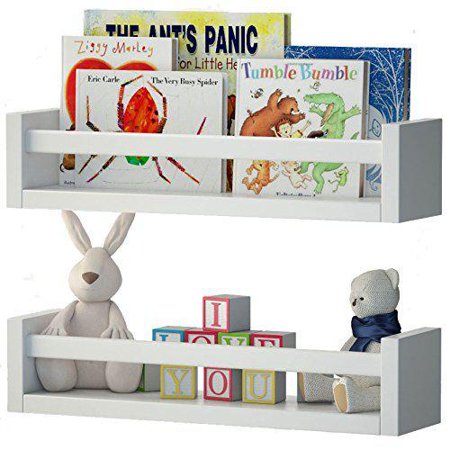 Wallniture Utah White Floating Shelf Nursery Storage Wall Bookcases Kids Room Toy Organizer, Set of 2White,