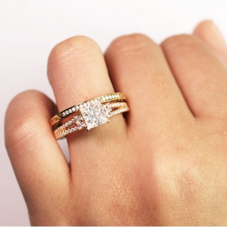 Stunning 1.25 ct - Princess Cut Moissanite - Pave - Vintage - Double Band Engagement Ring - Bridal Set - 18K Yellow Gold over Silver, 7