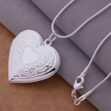 Floral Design Stamped Silver Heart Locket Necklace For WomanSterling Silver,