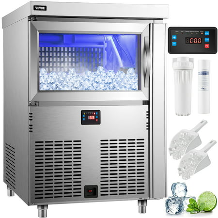 VEVOR 110V Commercial Ice Maker 200LBS/24H, Stainless Steel Under Counter Ice Machine with 100LBS Storage, 80PCS Clear Cube, Auto Operation, Blue Light, Include Water Filter, 2 Scoops, Connection Hose, 200 lbs/24h