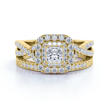 1.25 ct - Square Moissanite - Double Halo - Twisted Band - Vintage Inspired - Pave - Wedding Ring Set in 10K Yellow Gold, 9