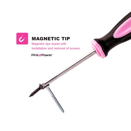 Pink Power Magnetic Screwdriver Set - 6 Piece Phillips Head and Flat Head Hand Pink Tool Set for Women & Ladies - Insulated Screwdriver Kit with Magnetic Tip - Screw Drivers Set