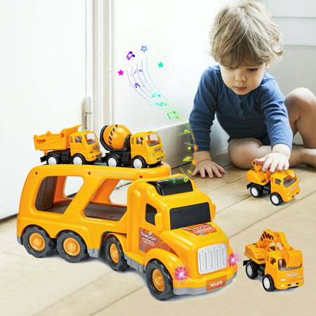 FOCUSSEXY Construction Truck Vehicle Playset with Sound and Light (5 Pieces)Multicolor,