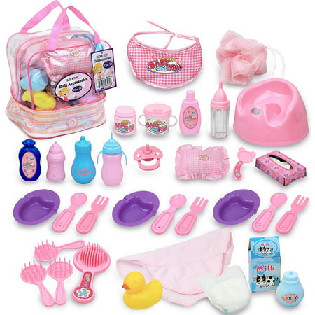Click N? Play 33 Piece Baby Doll Feeding and Caring Accessory Set in Zippered Carrying Case | Toy Baby Doll Nursery Play Set | Toy Baby Accessories