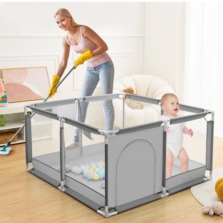Baby Playpen, Outdoor Play Yard, Portable Play Yard 4-Panel- Baby Safety Playpen for Infant Toddler with Basketball Hoop,GreyGray,