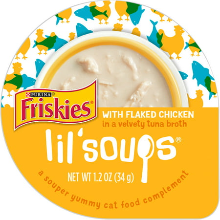 (8 Pack) Friskies Natural, Grain Free Wet Cat Food Complement, Lil' Soups Flaked Chicken, 1.2 oz. Tubs