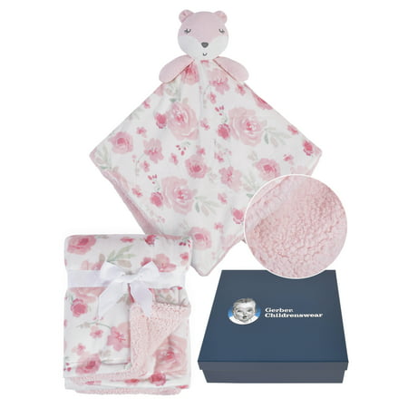Gerber Baby Boy or Girl Unisex Super Soft Plush Blanket & XL Security Blanket Set with Gift Box, 2-PiecePink,