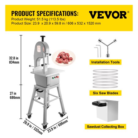 VEVOR 110V Bone Saw Machine 850W Frozen Meat Cutter 1.16HP Butcher Bandsaw Thickness Range 4-180mm Max Cutting Height 220mm Work Table 18.3x14.4inch Sawing Speed 19m/s with 6 Saw Blades & Mobile Base, 4-180mm