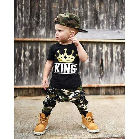 Newborn Kids Baby Boys Tops T-shirt Camo Pants Boys 2PCS Outfits Set Clothes 0-5Years, Black, 0-6 Months