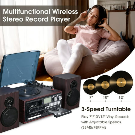 Yescom Bluetooth Record Player with 2 Speakers 3-Speed Stereo Turntable Remote Control Audio Music Player