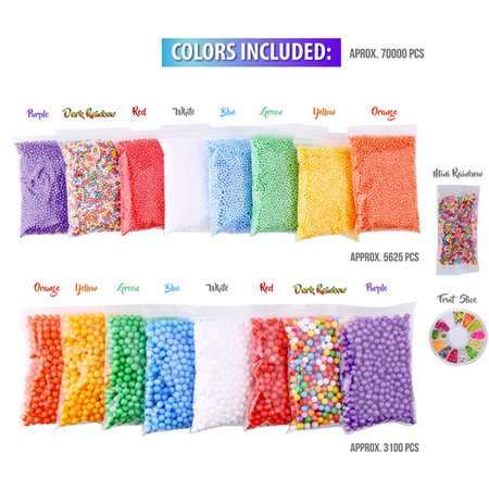 Slime Foam Beads Floam Balls ??? 18 Pack Microfoam Beads Kit 0.1-0.14 and 0.28-0.35 inch (70,000 Pcs) Colors Rainbow Fruit Beads Craft Add ins Homemade DIY Kids Ingredients Flome Styrofoam