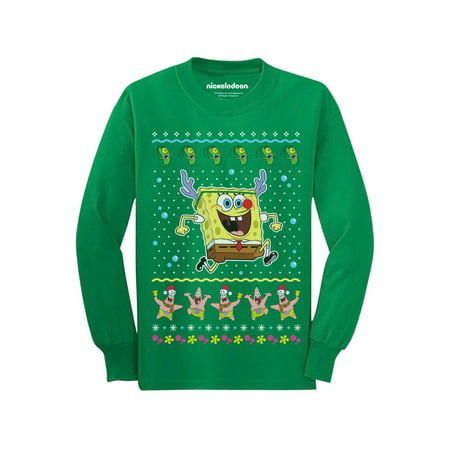 SpongeBob Cartoon Reindeer Kids Funny Humor Holiday Shirts Christmas Gifts for Boy Youth Long Sleeve T-Shirt, Green, S