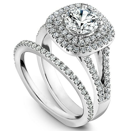 Split Shank Round Cut Real Diamond Halo Bridal Set in 10k White Gold, 8