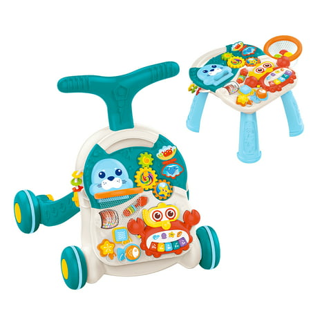UNIH 2 in 1 Baby Learning Walker for Infant 6-18 Months Boys Girls, Sit to Stand Baby Walker Toy for 1 Year old Baby with Musical Activity Center, A Crab-Shaped Piano (Green)Blue,