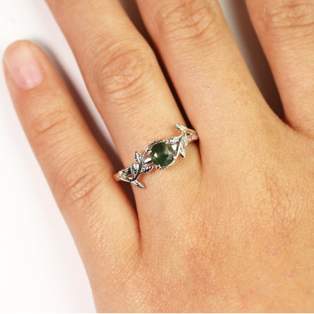 Nature Inspired 0.50 Carat Natural Green Moss Agate Solitaire Engagement Ring - Forest Ring - 18K White Gold Over SilverWhite,