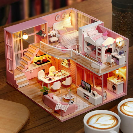 Ccdes DIY Handmade Miniature Pink Girl Wooden Loft Doll House Model Kits Toy Gift, DIY Pink Dollhouse, DIY House Kit