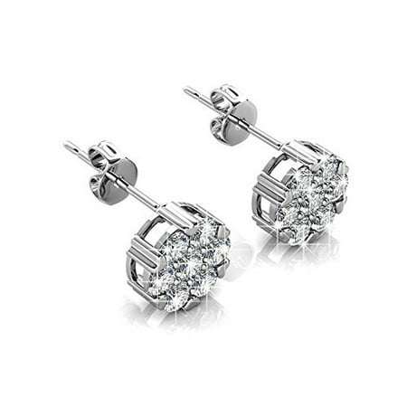 Cate & Chloe Remy 18k White Gold Sparkling Pave Stud Earrings w/ Swarovski Crystals, Sparkle Crystal Studs Earring Set for Women, Fashion Flower Cluster EarringsSilver,