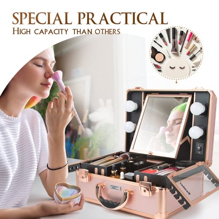 Kemier Makeup Train Case - Cosmetic Organizer Box Makeup Case with Lights and Mirror / Makeup Case with Customized Dividers / Large Makeup Artist Organizer Kit (Rose Gold)Rose Gold,