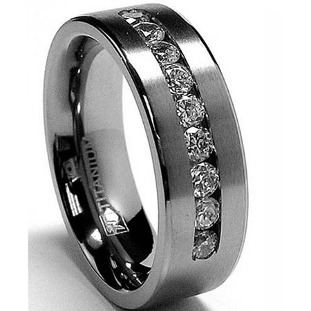 8 MM Men's Titanium ring wedding band with 9 large Channel Set Cubic Zirconia CZ sizes 6 to 15Silver,