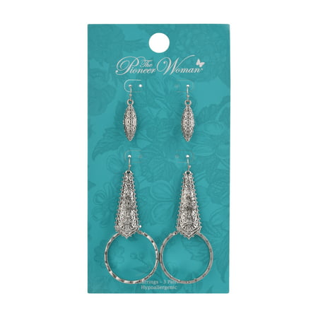 The Pioneer Woman Antique Silver Textured Trio Earrings