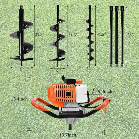 EAYSG 62cc Post Hole Digger 2 Stroke Post Hole Auger Gas Powered Earth Auger with 3 Replacement Drill Bits(5", 6", 8") and 3 Extension Rod for Farm Garden Plant, 62CC