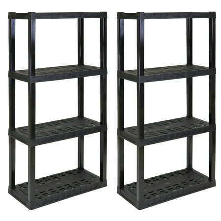 Hyper Tough 56" H x 14" D x 30" W 4 Shelf Plastic Garage Shelves, Pack of 2 Storage Shelving Units, Black 400 lbs Capacity