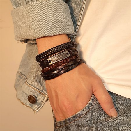4Pcs Braided Pu Leather Bracelets Set for Men Cross Cuff Adjustable Black