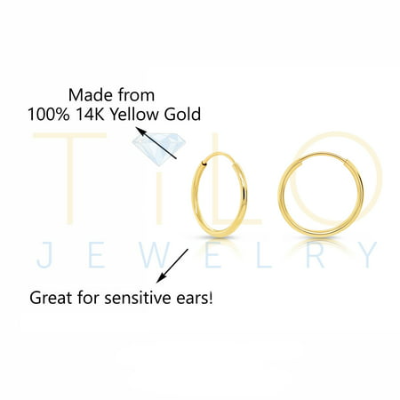 2 Pair Set! Tilo Jewelry 14k Yellow Gold Endless Hoop Earrings, (10mm+12mm) Women, Girls, Men, Unisex, 10mm and 12mm set