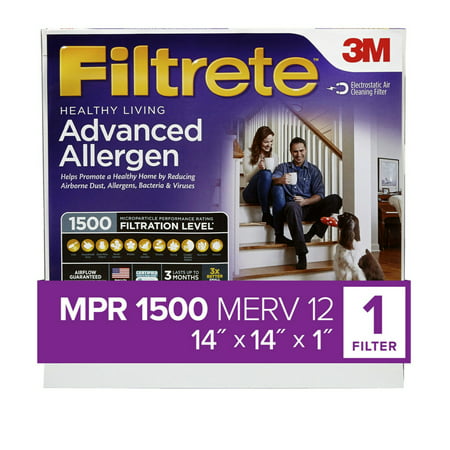 Filtrete by 3M 14x14x1, MERV 12, Allergen, Bacteria & Virus HVAC Air and Furnace Filter, 1500 MPR, 1 Filter