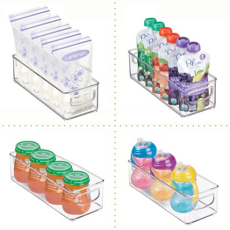 mDesign Small Plastic Nursery Storage Container Bins with Handles for Organization in Cabinet, Closet or Cubby Shelves - Organizer for Baby Food, Bibs, Formula, and Burp Cloths - 4 Pack - Clear, 10 x 4 x 3