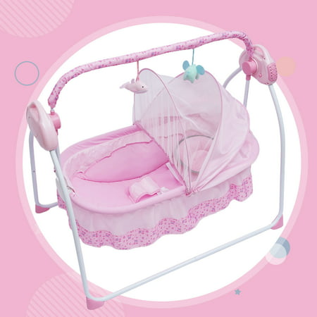 OUKANING Electric Baby Crib Cradle Music Auto Swing Rocking Cot Sleeping Bed Pink +timer