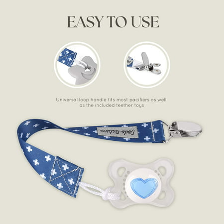 Dodo Babies Pacifier Clip & Teether Toy Set ? Four Clips Plus Two Silicone Teether Toys ? Universal Holder Fits Most Paci Brands ? Fun Blue and Gray Prints for Girls or BoysBlue,