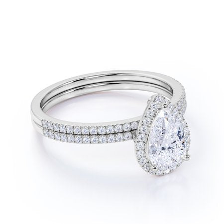 1.5 carat pear cut Moissanite and Diamond Halo pave Bridal Wedding Ring Set in 10k White Gold