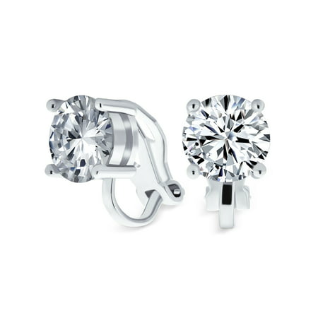Round Solitaire CZ Clip On Bridal Stud Earrings 8mm Rhodium PlatedSilver,
