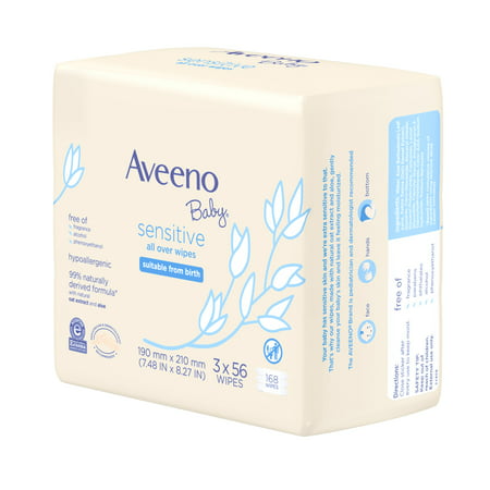 Aveeno Baby Sensitive All Over Aloe Baby Wipes, 3 Resaleable Packs (168 Total Wipes)