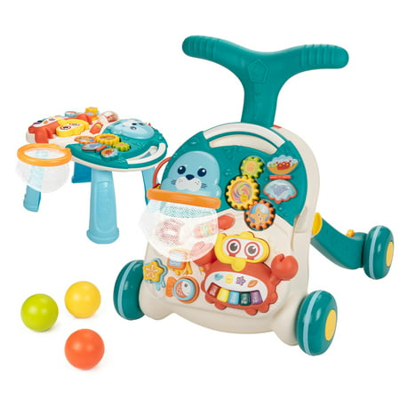 UNIH 2 in 1 Baby Learning Walker for Infant 6-18 Months Boys Girls, Sit to Stand Baby Walker Toy for 1 Year old Baby with Musical Activity Center, A Crab-Shaped Piano (Green)Blue,