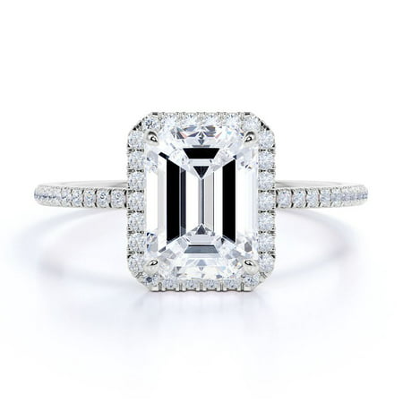 1.25 Carat Emerald Cut Moissanite Engagement Ring - Bridal Set - Halo Ring - Cluster Ring - 18k White Gold Over Silver, 7