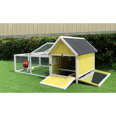 Hanover Outdoor Wooden Chicken Coop with Ramp, Large Wire Mesh Run, Waterproof Roof, Removable Tray 2.8 Ft. x 5.9 Ft. x 3.8 Ft.