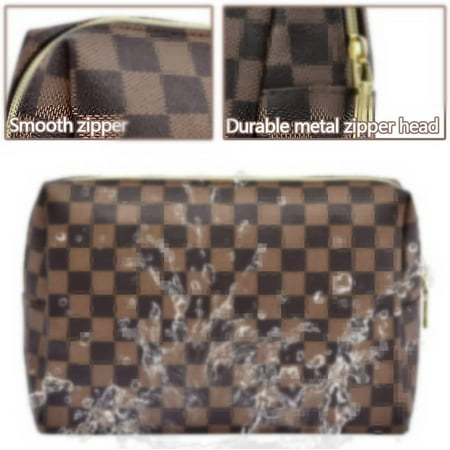 Aokur Makeup Bag Checkered Cosmetic Bag Large Travel Toiletry Organizer for Women Girls BrownBrown,